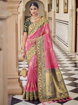 pink woven banarasi saree with blouse 1