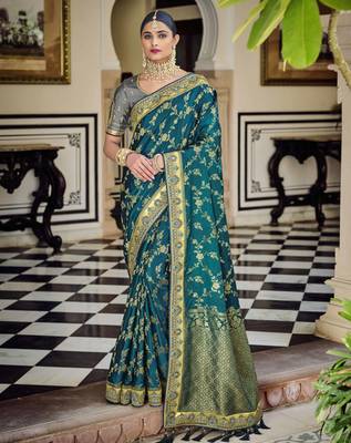 Dark teal woven banarasi saree with blouse 1