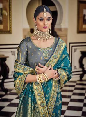Dark teal woven banarasi saree with blouse 2