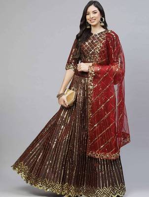 Maroon Sequins Work Satin Silk Party Wear  Cancan Lehenga Choli 1