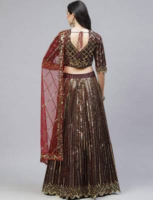 Maroon Sequins Work Satin Silk Party Wear  Cancan Lehenga Choli 2