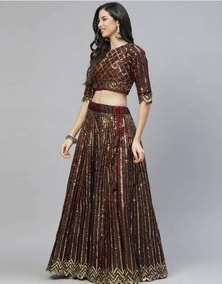 Maroon Sequins Work Satin Silk Party Wear  Cancan Lehenga Choli 3