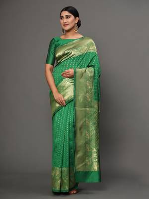 Glemora Green Beautiful Ethnic Wear Silk Blend Banarasi Traditional Saree 1