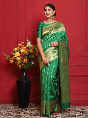 Glemora Green Beautiful Ethnic Wear Silk Blend Banarasi Traditional Saree 3