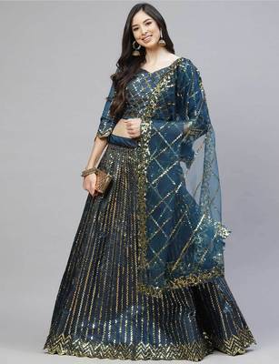 teal Blue Sequins Work Satin Silk Party Wear  Cancan Lehenga Choli 1