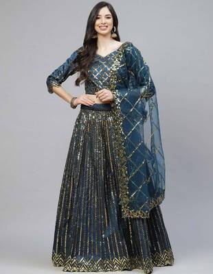 teal Blue Sequins Work Satin Silk Party Wear  Cancan Lehenga Choli 2
