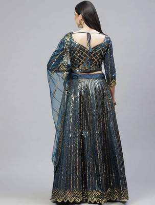 teal Blue Sequins Work Satin Silk Party Wear  Cancan Lehenga Choli 3