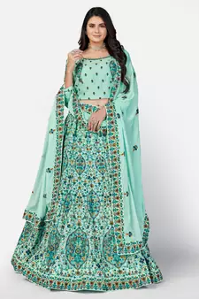 sweet Sky-blue Thread, Zari, and Sequins Embroidered georgette semi stitched lehenga