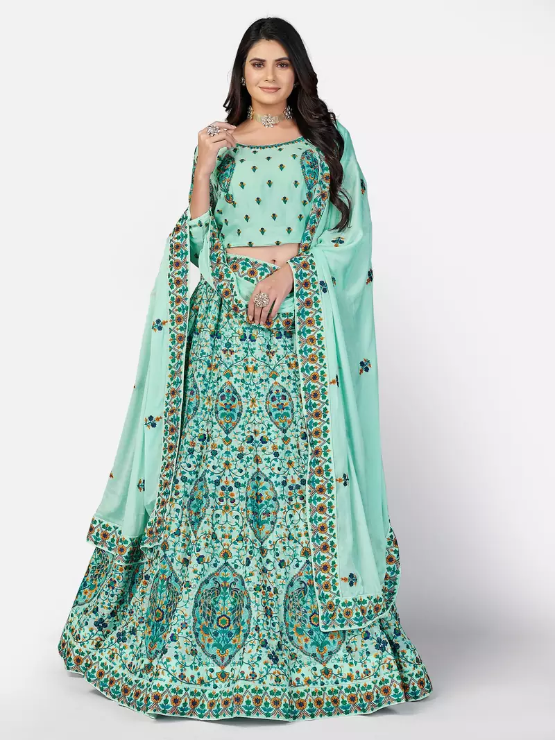 sweet Sky-blue Thread, Zari, and Sequins Embroidered georgette semi stitched lehenga