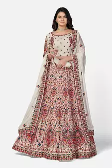 good-looking Off-white Thread, Zari, and Sequins Embroidered georgette semi stitched lehenga
