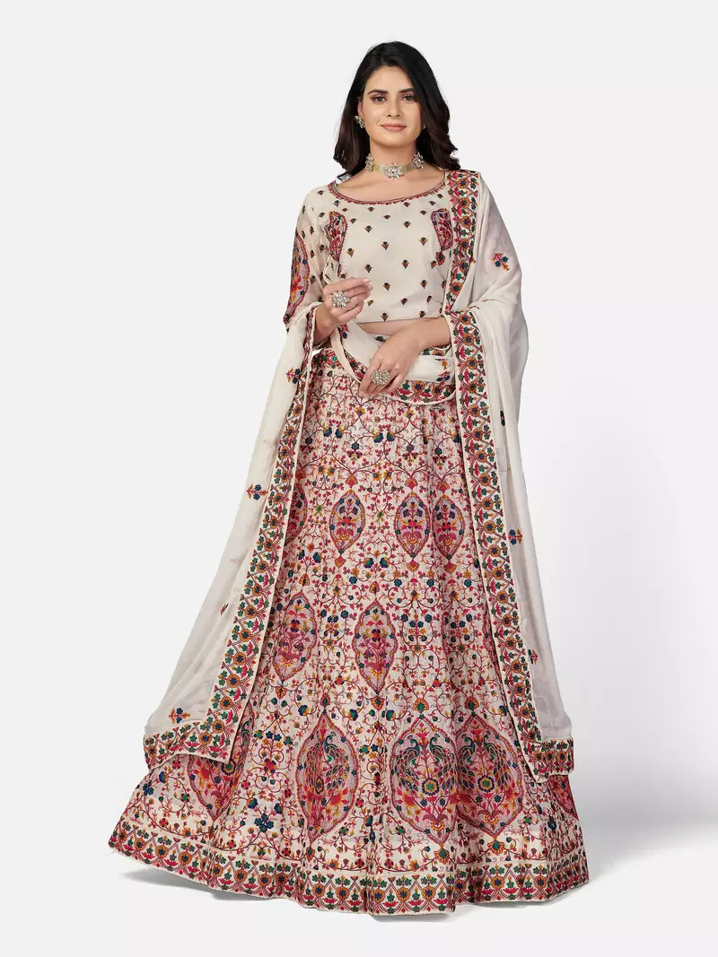 good-looking Off-white Thread, Zari, and Sequins Embroidered georgette semi stitched lehenga