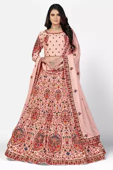 prepossessing Peach Thread, Zari, and Sequins Embroidered georgette semi stitched lehenga