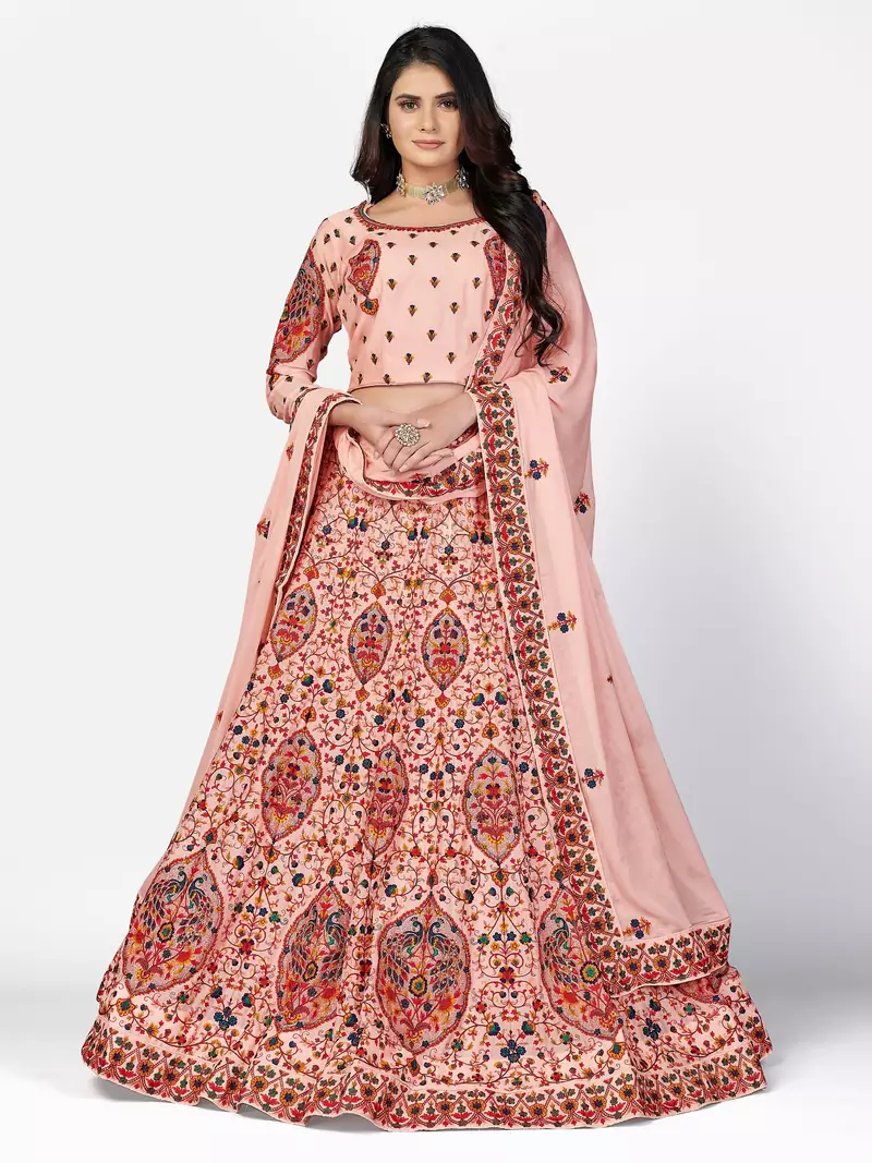 prepossessing Peach Thread, Zari, and Sequins Embroidered georgette semi stitched lehenga