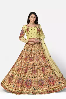 striking Yellow Thread, Zari, and Sequins Embroidered georgette semi stitched lehenga