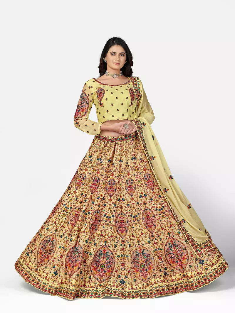 striking Yellow Thread, Zari, and Sequins Embroidered georgette semi stitched lehenga