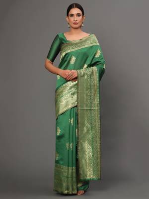 Glemora Green Fancy Ethnic Wear Silk Blend Banarasi Traditional Saree 1
