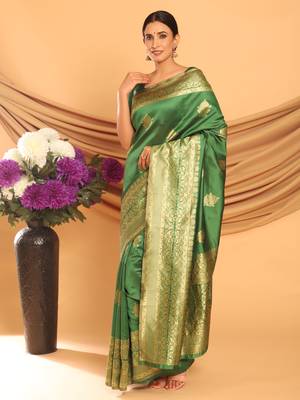 Glemora Green Fancy Ethnic Wear Silk Blend Banarasi Traditional Saree 3
