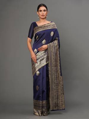 Glemora NevyBlue Fancy Ethnic Wear Silk Blend Banarasi Traditional Saree 1