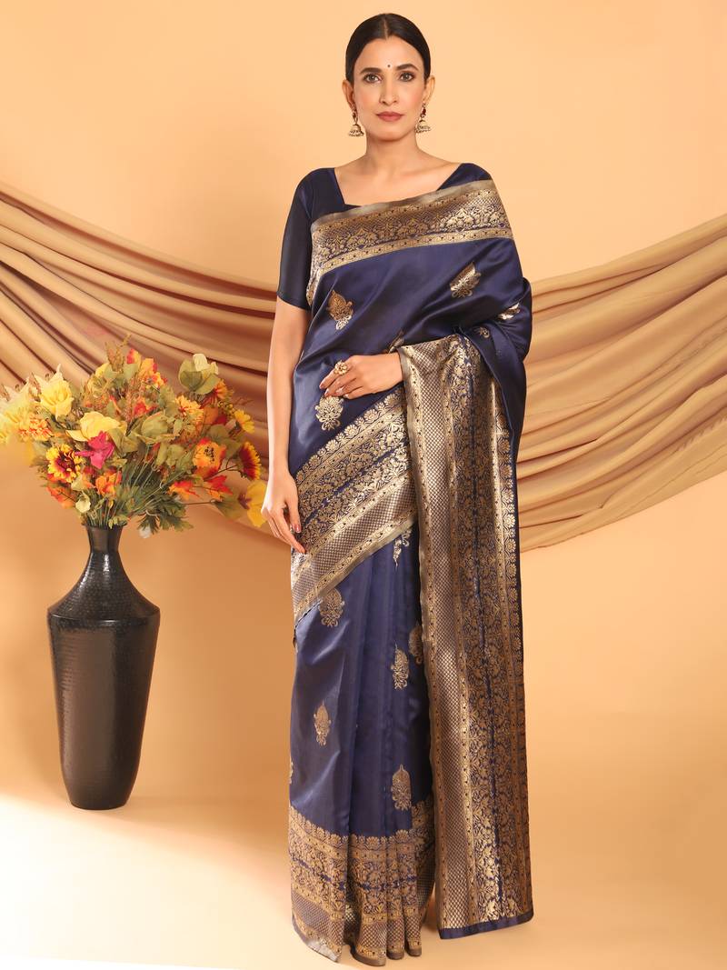 Glemora NevyBlue Fancy Ethnic Wear Silk Blend Banarasi Traditional Saree
