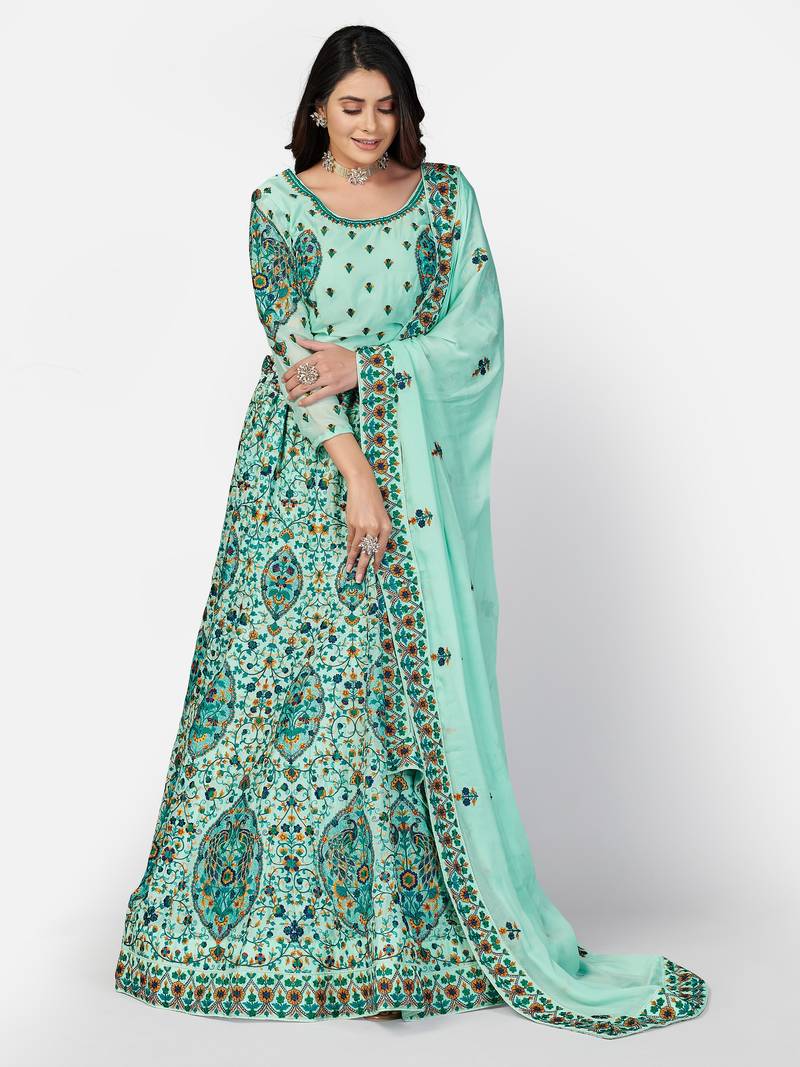 sweet Sky-blue Thread, Zari, and Sequins Embroidered georgette semi stitched lehenga