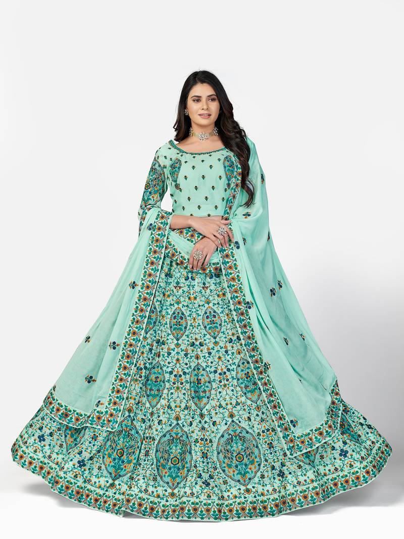 sweet Sky-blue Thread, Zari, and Sequins Embroidered georgette semi stitched lehenga