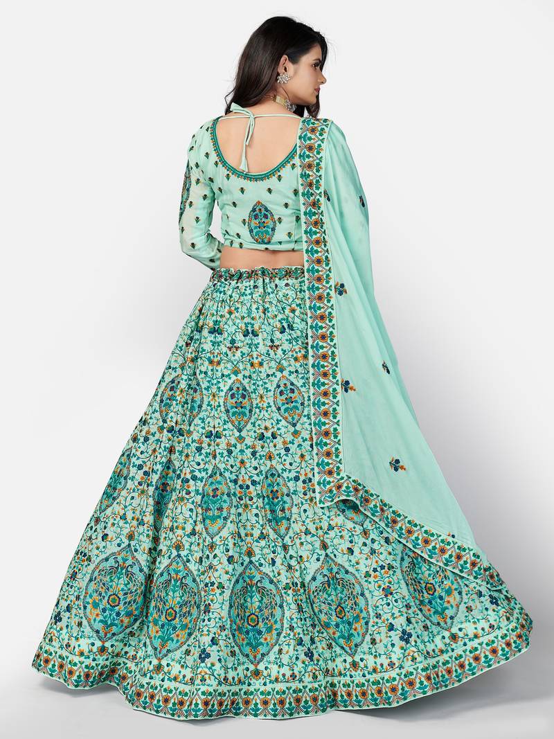 sweet Sky-blue Thread, Zari, and Sequins Embroidered georgette semi stitched lehenga
