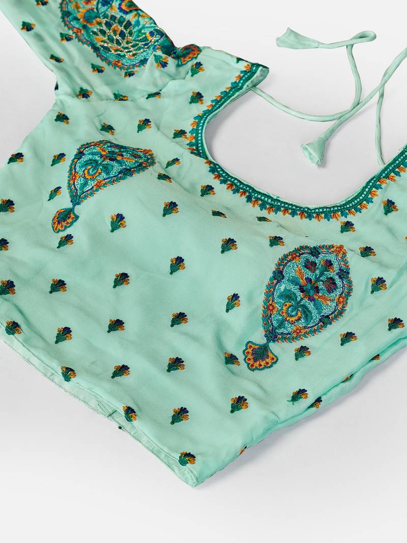 sweet Sky-blue Thread, Zari, and Sequins Embroidered georgette semi stitched lehenga
