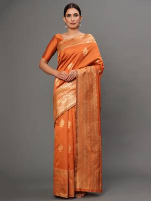 Glemora orange Fancy Ethnic Wear Silk Blend Banarasi Traditional Saree 1