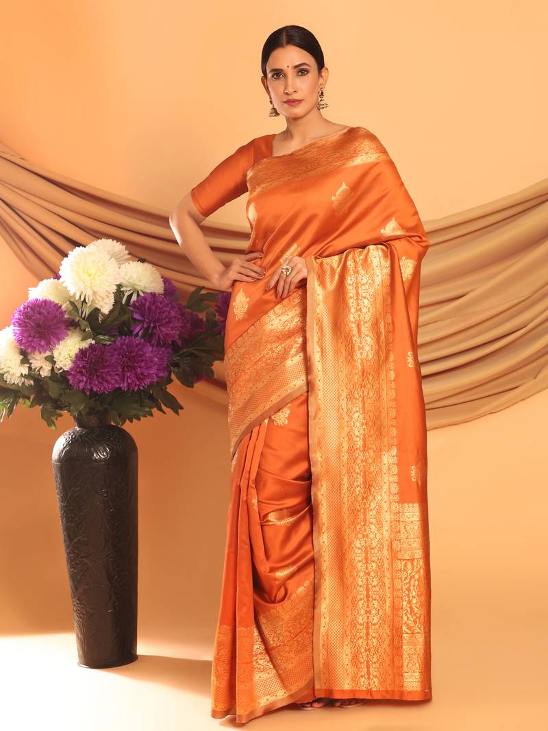 Glemora orange Fancy Ethnic Wear Silk Blend Banarasi Traditional Saree
