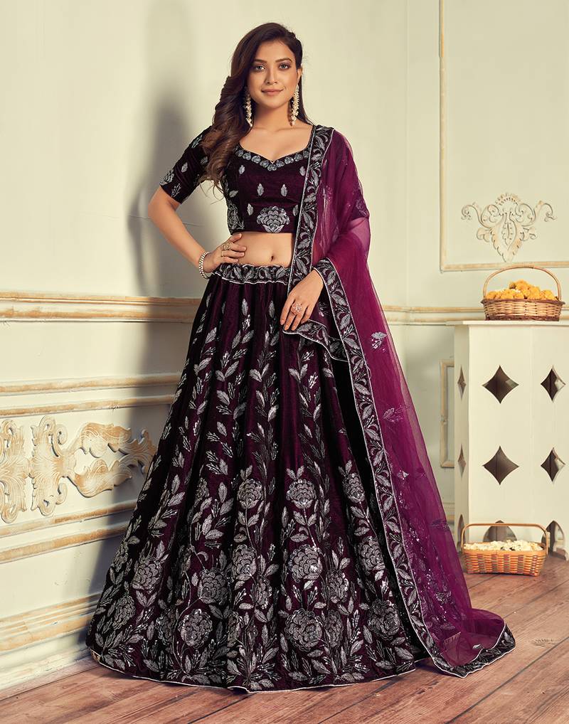 Dark-purple embroidered velvet semi stitched lehenga Monjolika
