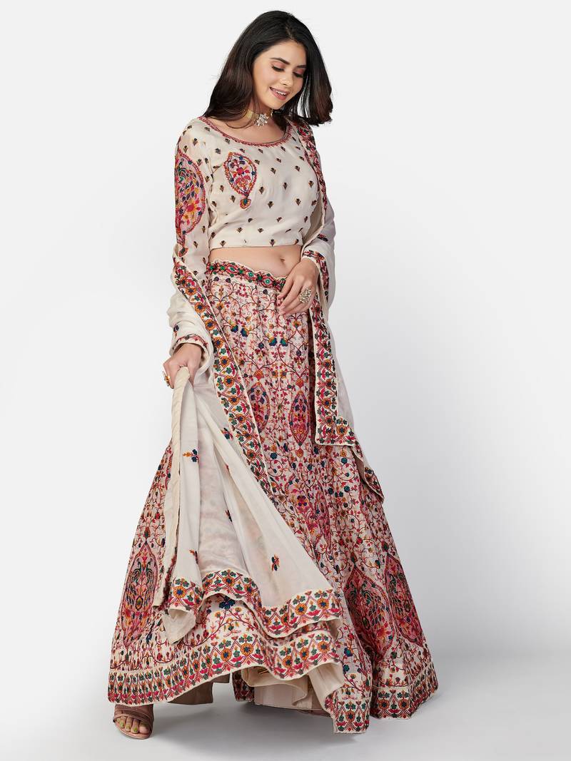 good-looking Off-white Thread, Zari, and Sequins Embroidered georgette semi stitched lehenga