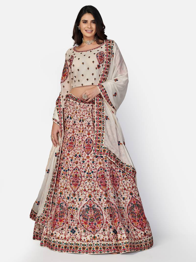 good-looking Off-white Thread, Zari, and Sequins Embroidered georgette semi stitched lehenga