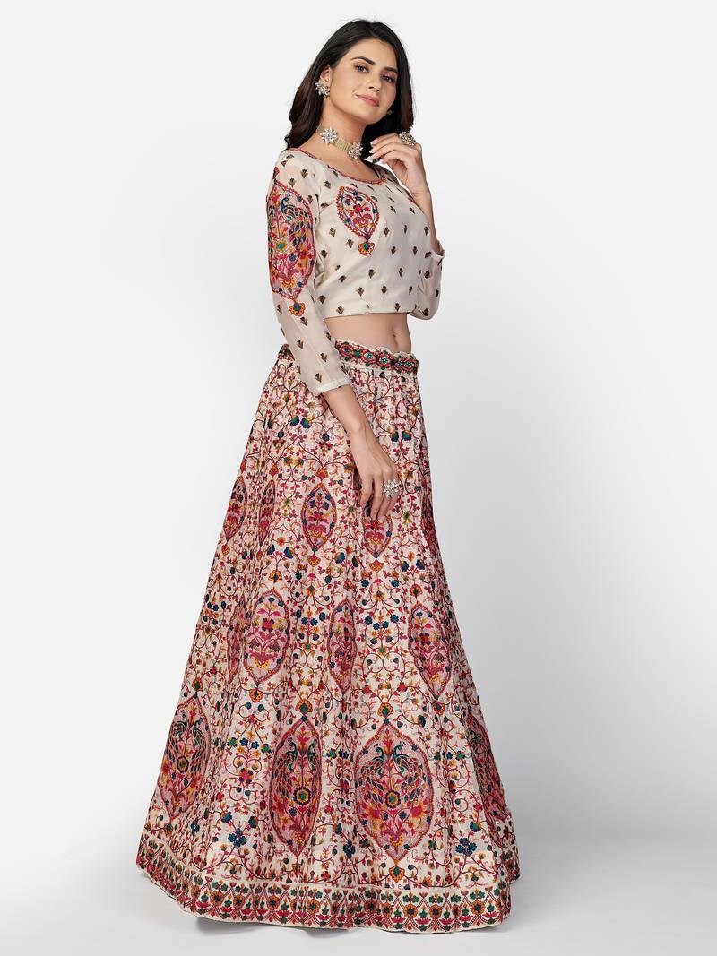 good-looking Off-white Thread, Zari, and Sequins Embroidered georgette semi stitched lehenga