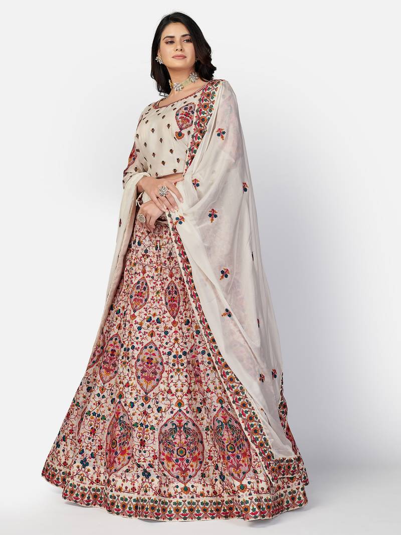 good-looking Off-white Thread, Zari, and Sequins Embroidered georgette semi stitched lehenga