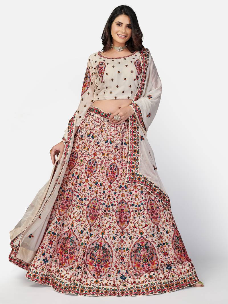 good-looking Off-white Thread, Zari, and Sequins Embroidered georgette semi stitched lehenga