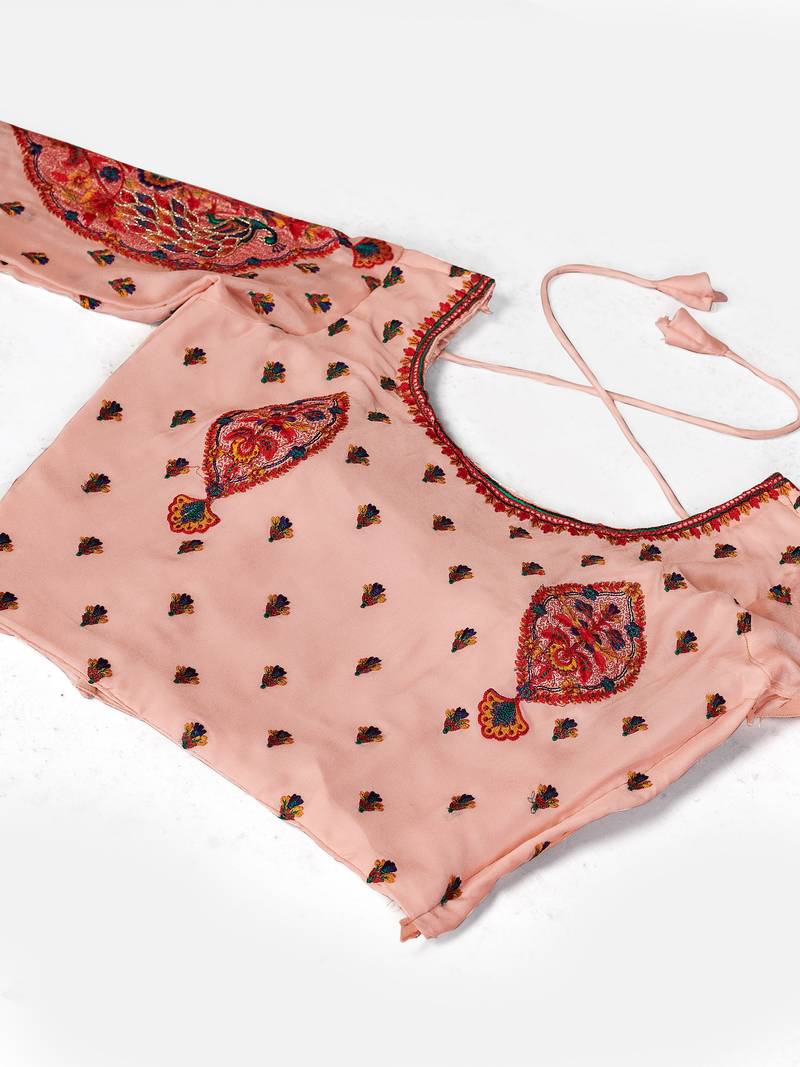 prepossessing Peach Thread, Zari, and Sequins Embroidered georgette semi stitched lehenga