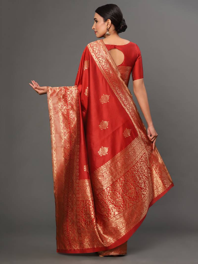 Glemora Red Fancy Ethnic Wear Silk Blend Banarasi Traditional Saree