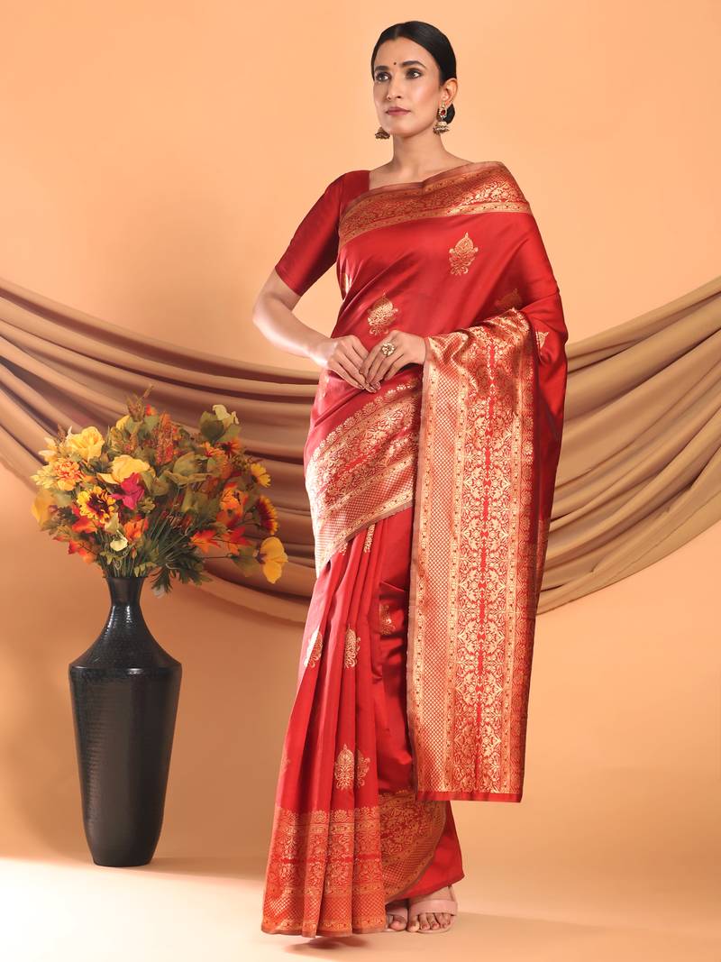 Glemora Red Fancy Ethnic Wear Silk Blend Banarasi Traditional Saree