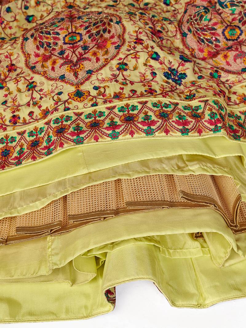 striking Yellow Thread, Zari, and Sequins Embroidered georgette semi stitched lehenga