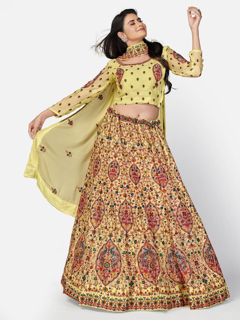 striking Yellow Thread, Zari, and Sequins Embroidered georgette semi stitched lehenga