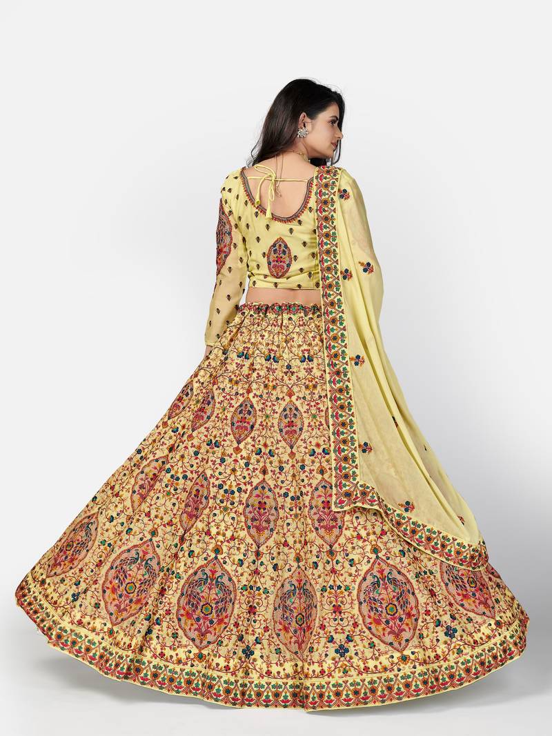 striking Yellow Thread, Zari, and Sequins Embroidered georgette semi stitched lehenga