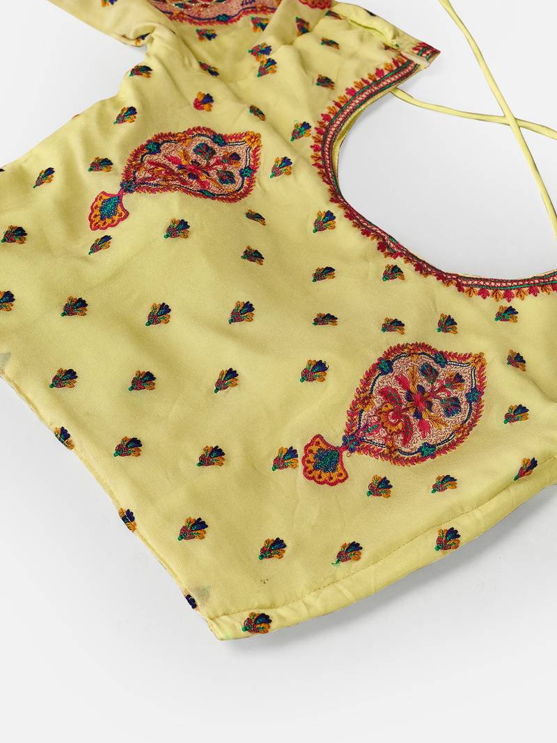 striking Yellow Thread, Zari, and Sequins Embroidered georgette semi stitched lehenga