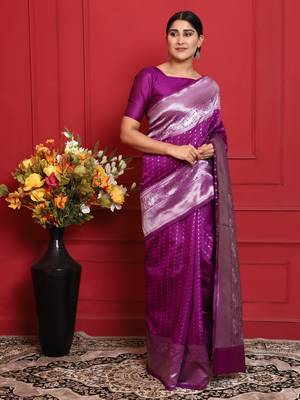 Glemora Purple Designer Ethnic Wear Silk Blend Banarasi Traditional Saree 3