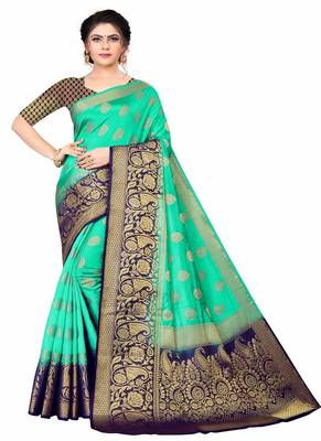Green woven faux kanjivaram silk saree with blouse 1