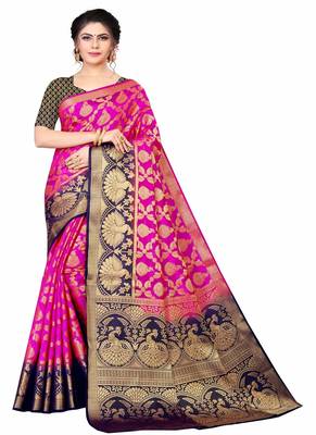 Pink woven faux kanjivaram silk saree with blouse 1