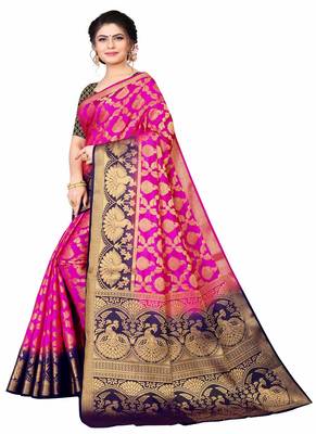 Pink woven faux kanjivaram silk saree with blouse 2