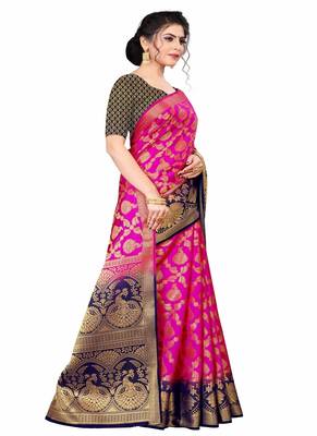 Pink woven faux kanjivaram silk saree with blouse 3