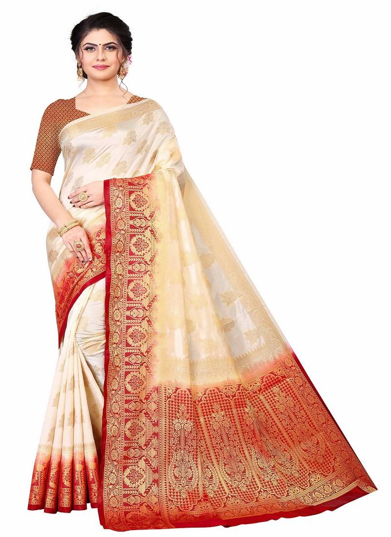 White woven faux kanjivaram silk saree with blouse