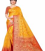 Yellow woven faux kanjivaram silk saree with blouse