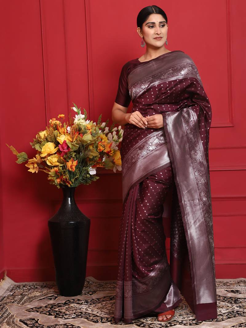 Glemora Wine Designer Ethnic Wear Silk Blend Banarasi Traditional Saree